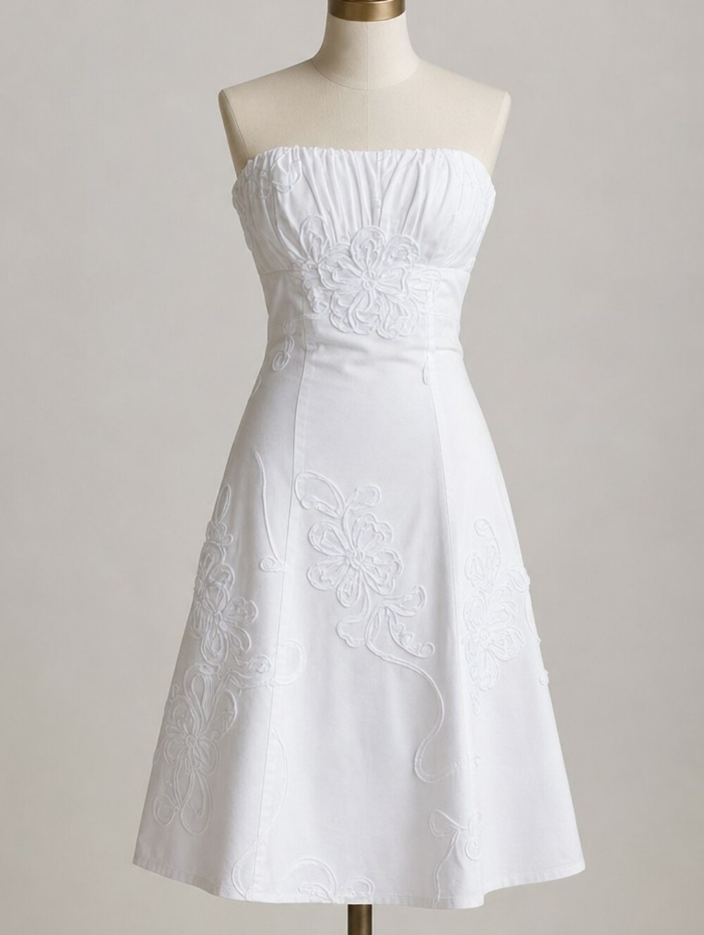 WHBM White Strapless Dress • Floral Soutache • Cotton Fit & Flare • SMALL